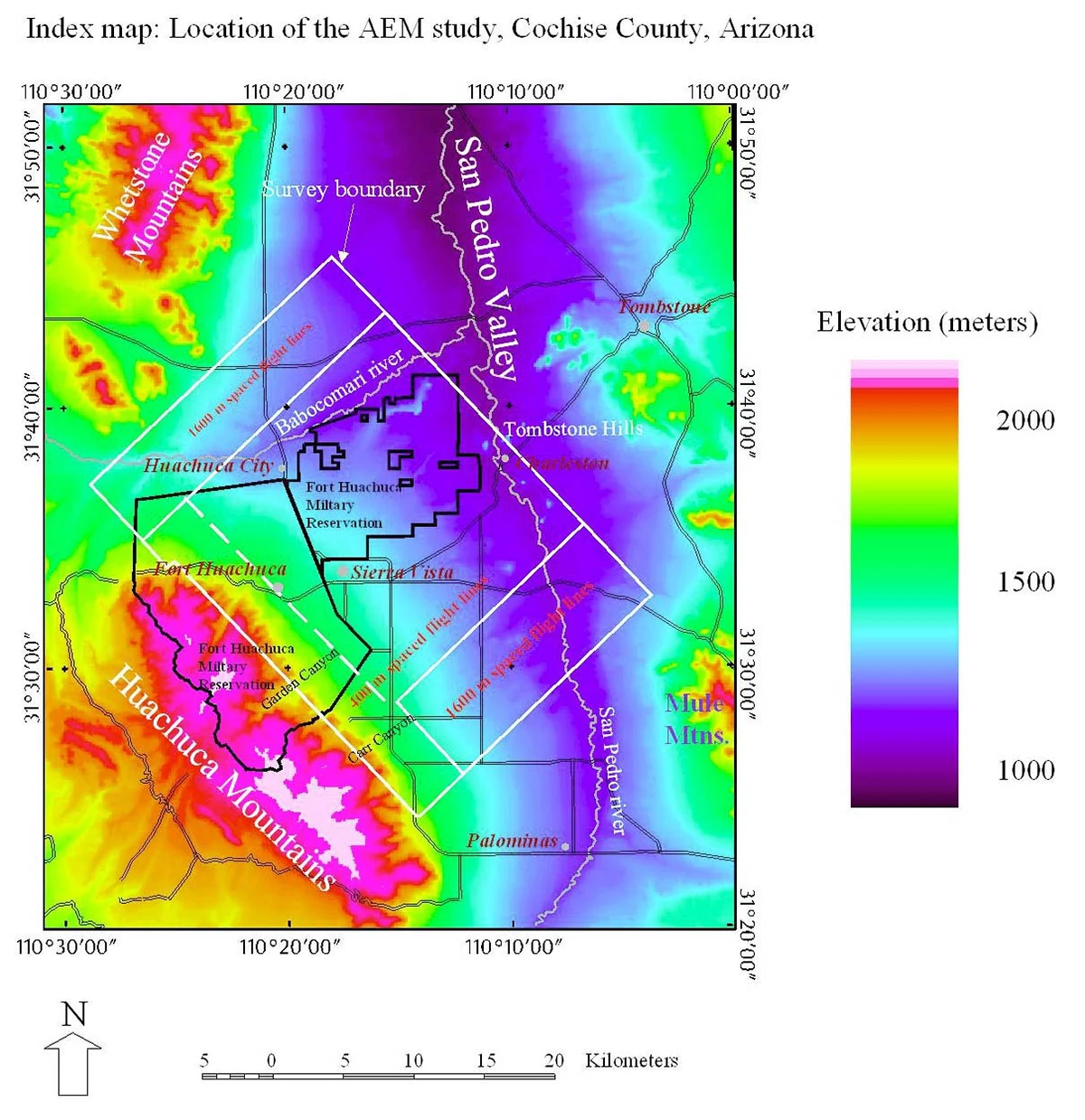 Colored elevation index map titled 'Index map: Location of the AEM study, Cochise County, Arizona,' showing the Huachuca Mountains, San Pedro Valley, Fort Huachuca Military Reservation, and the AEM survey boundary with flight-line spacing marked.