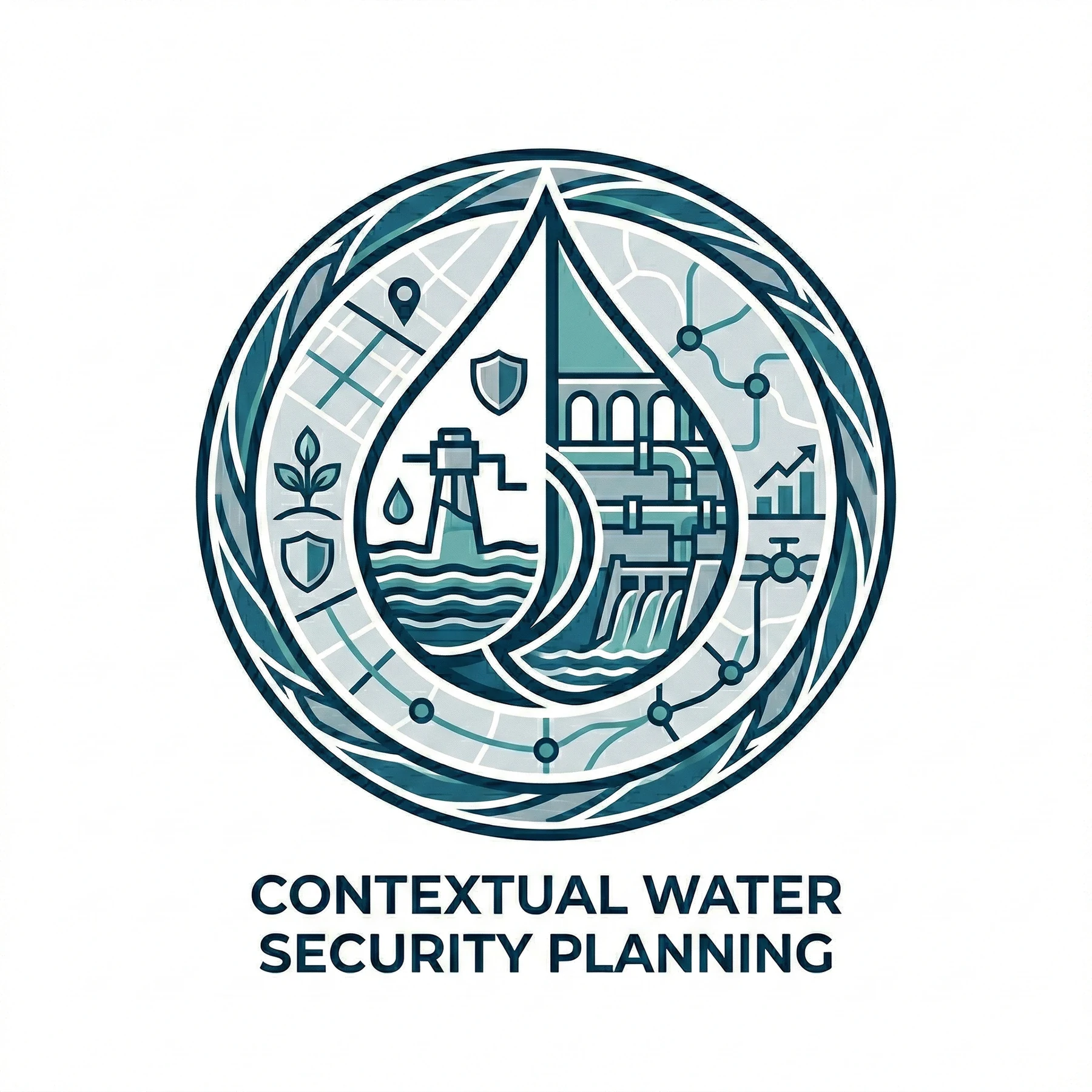 Circular icon mark for 'Contextual Water Security Planning,' a stylized water-drop motif combining a site map, a water tower, a dam and pipeline, and infrastructure network nodes.