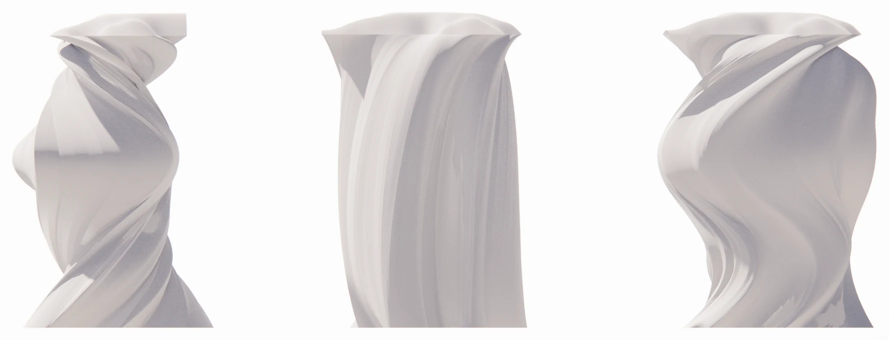 Three grayscale renders of twisted, spiraling surface forms shown side by side as sequential form studies.