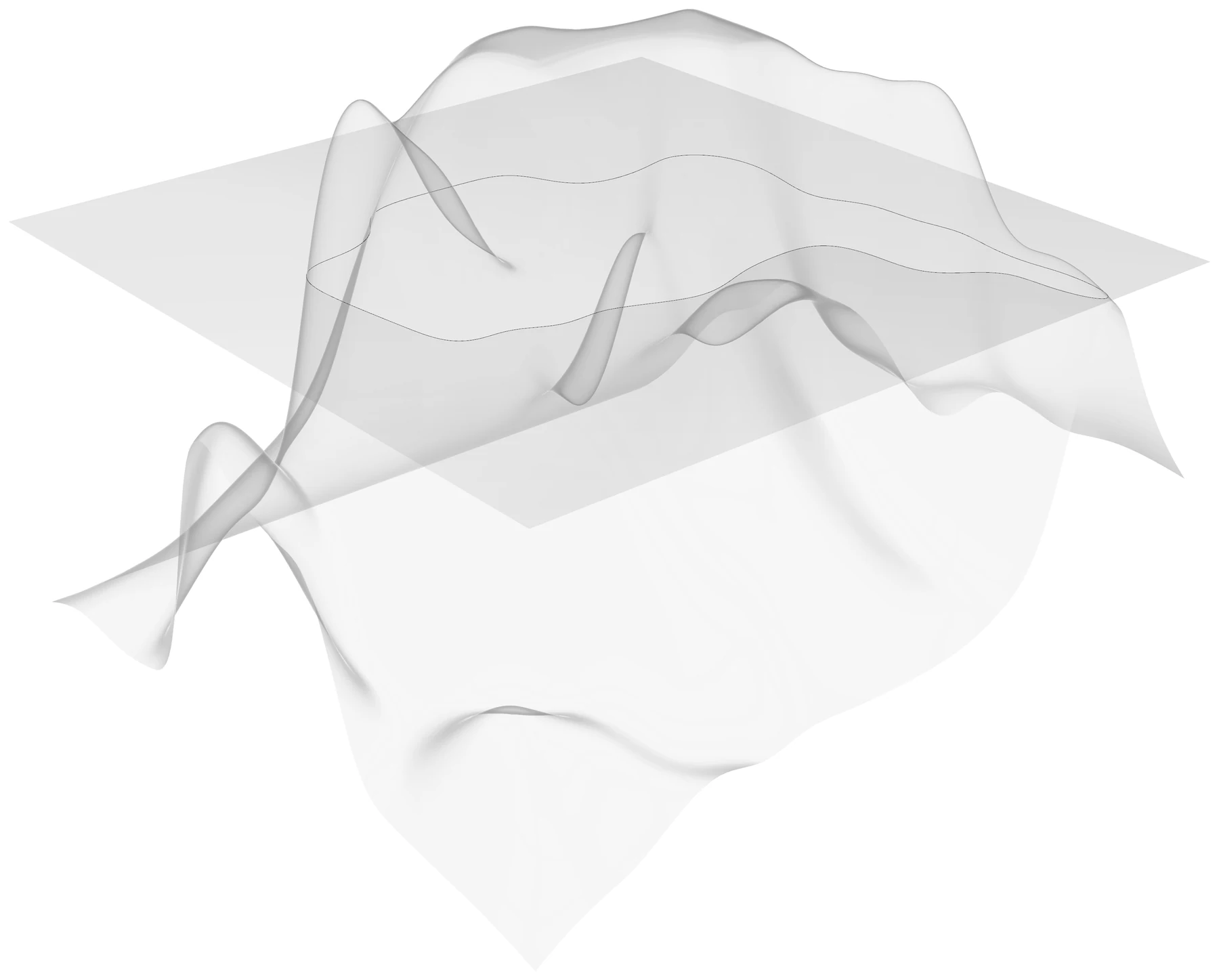 Wireframe render of an undulating surface intersected by a flat cutting plane, with thin contour lines marking the intersection.