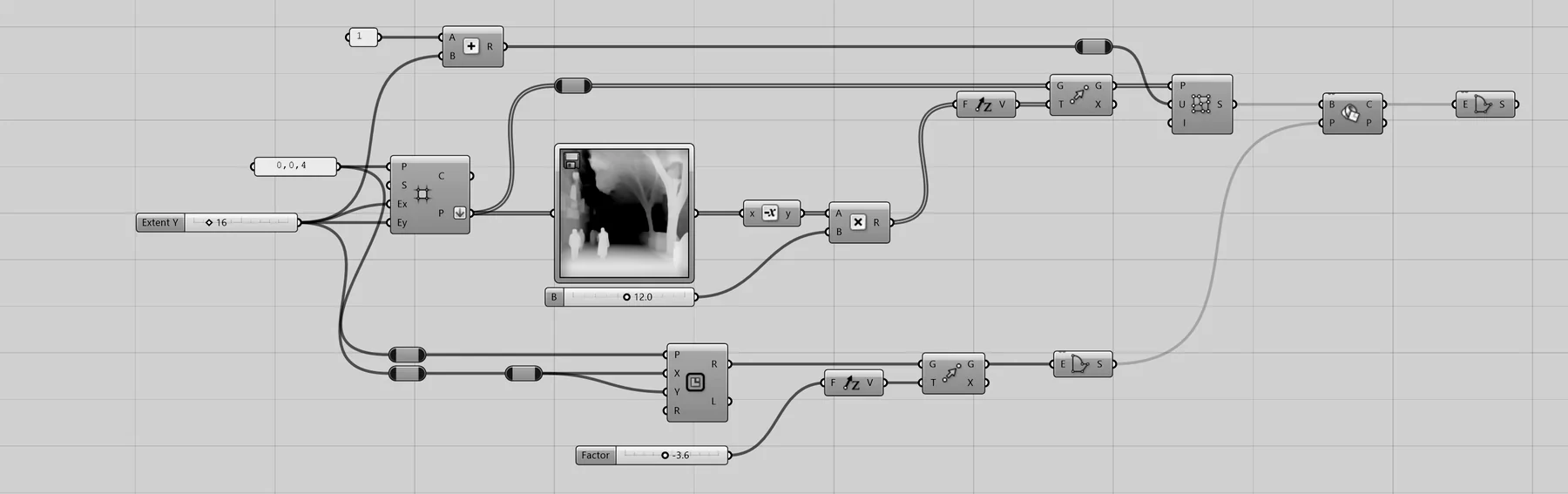 Grayscale Grasshopper visual-scripting canvas showing the definition used to generate and cut the surface forms.