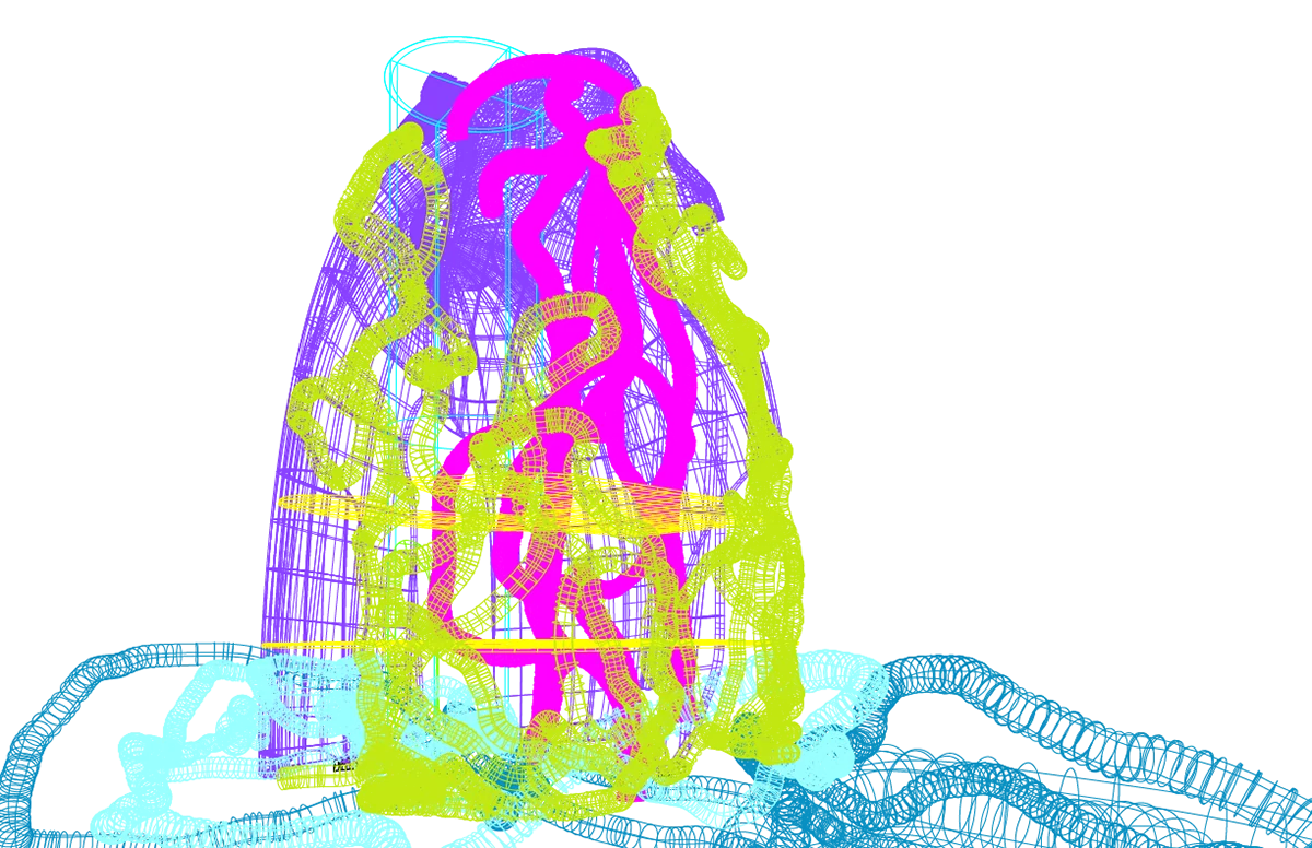 Thin colorful wireframe render of the massing form on a black background, showing internal structural lines.