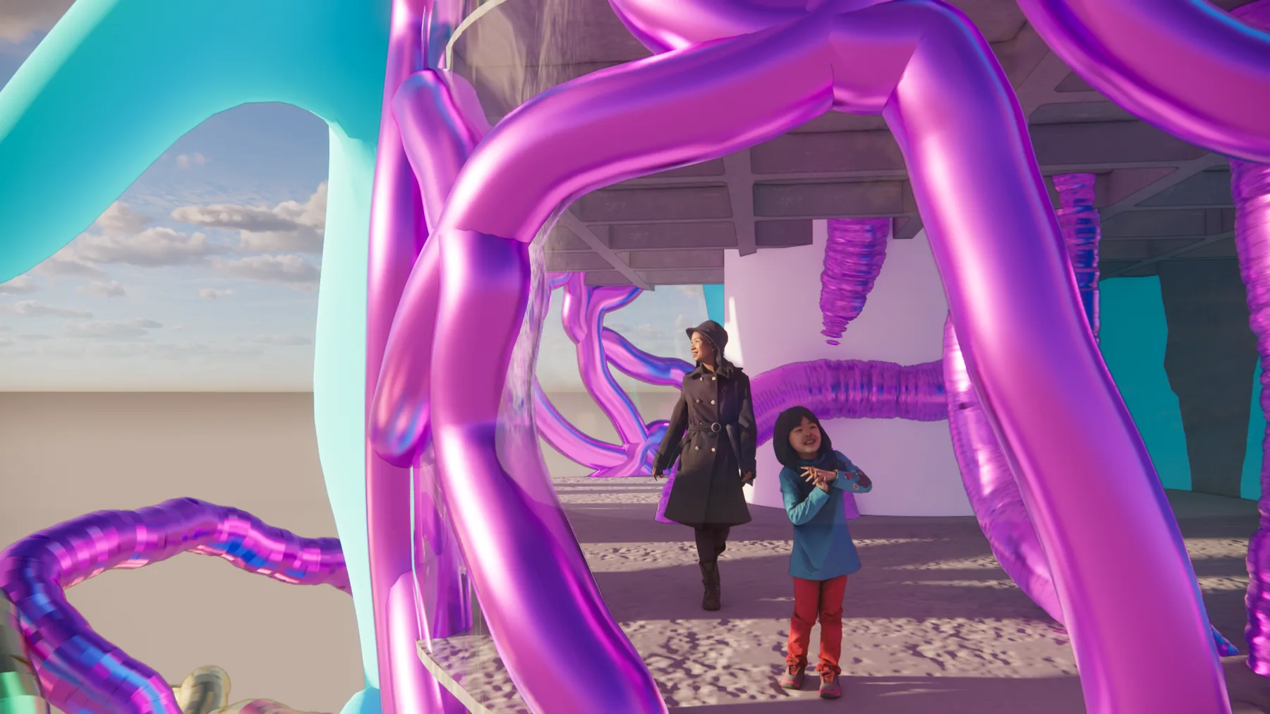 Photorealistic render of two people walking beneath the glossy purple tubular structure at ground level.