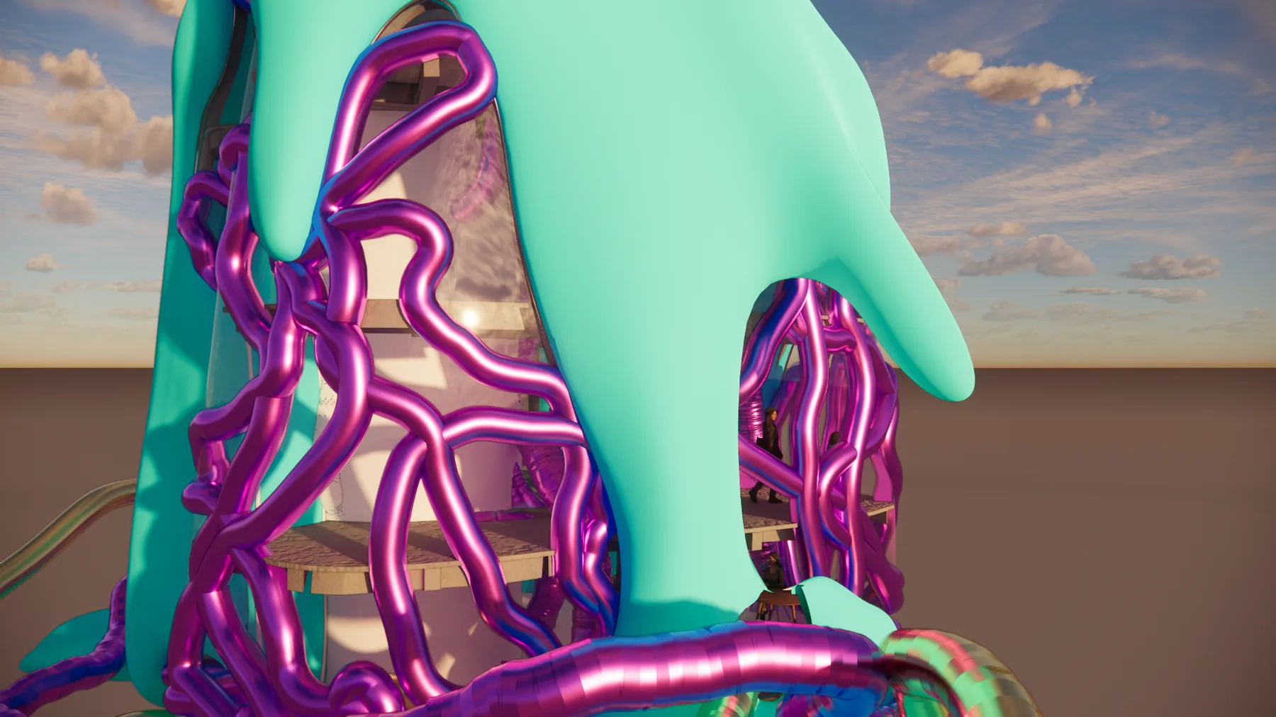 Close-up sunset render of teal and magenta tubular forms framing an interior threshold, with figures inside.
