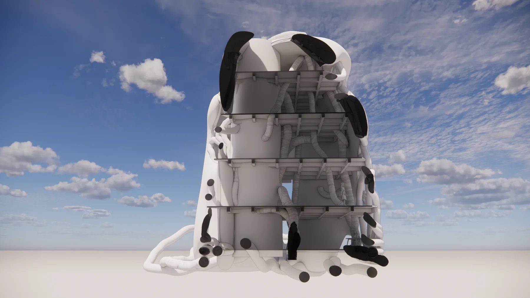 Exterior render of the white biomorphic structure against a clear blue sky, black openings punched through its skin.