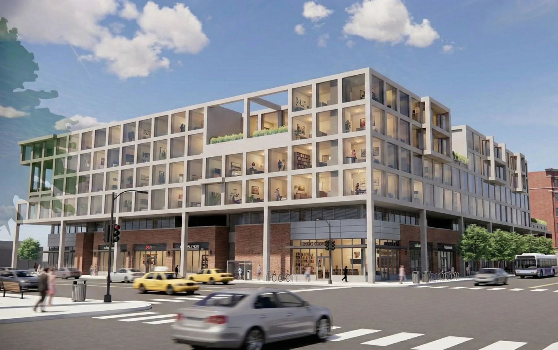 Exterior render of the Hub Boriken mixed-use community hub, showing street-level frontage and massing.