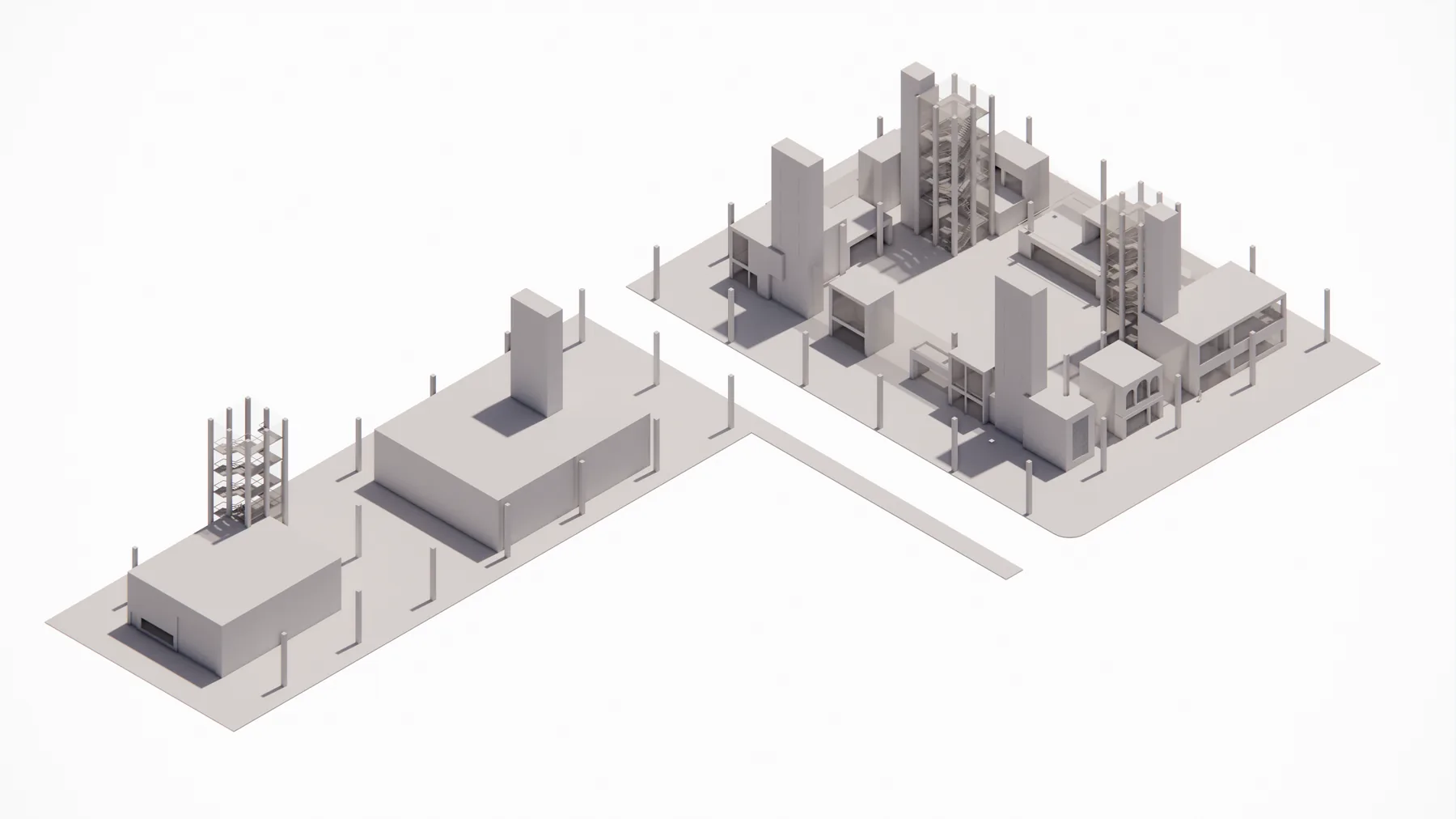 Grayscale 3D massing model showing a row of building volumes of varying heights along a street.