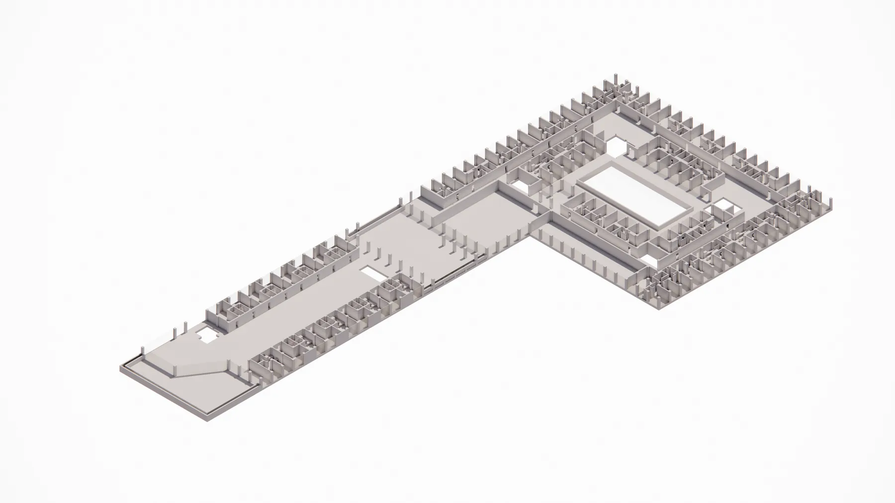 Grayscale 3D massing model of an L-shaped courtyard building block, shown as floor plates with structural columns.