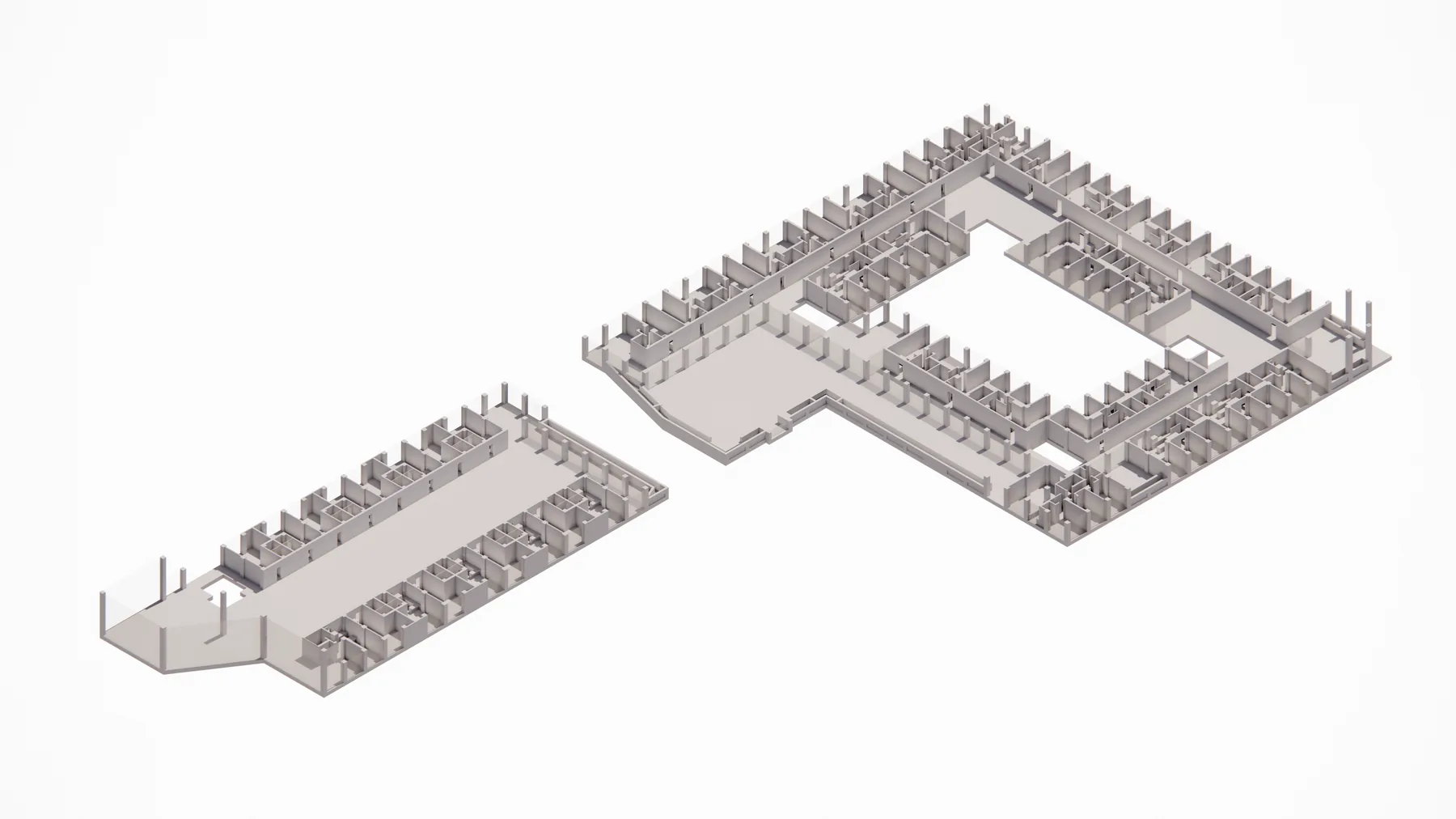 Grayscale 3D massing model of a second courtyard building block, shown as floor plates with structural columns.