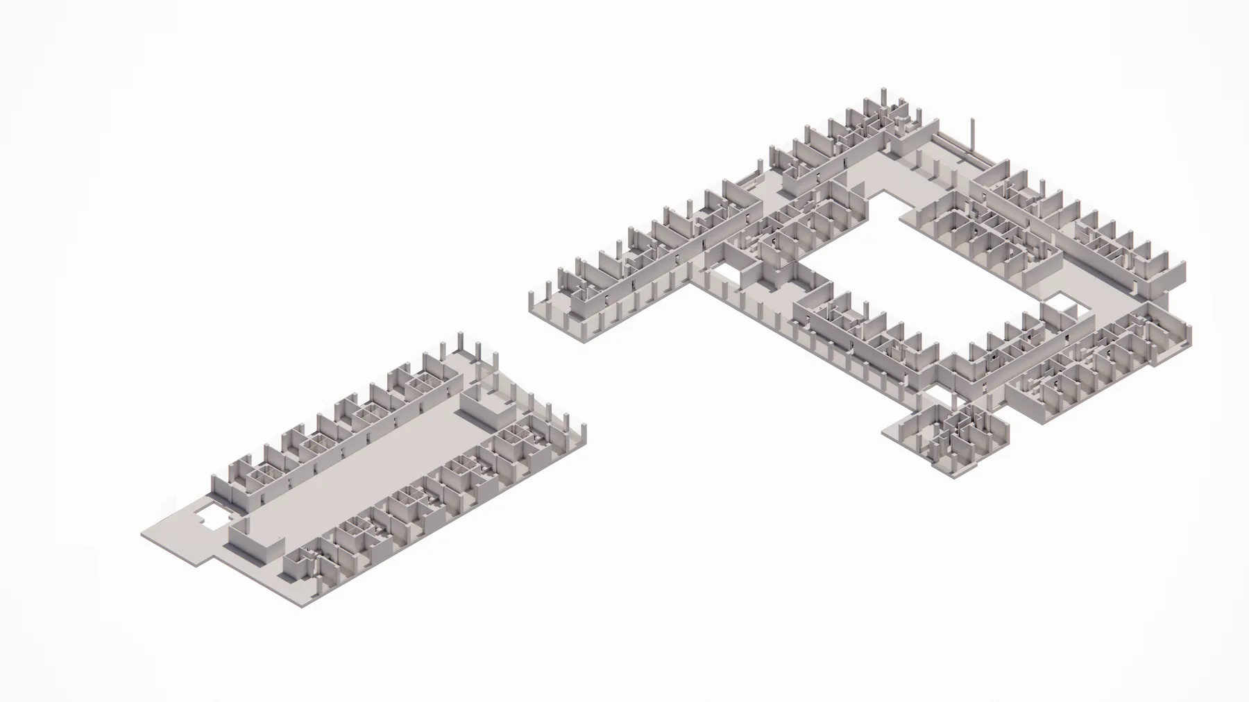 Grayscale 3D massing model, another iteration of the courtyard building block.
