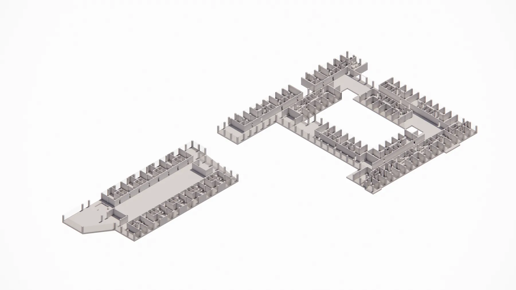 Grayscale 3D massing model, a further iteration of the courtyard building block.