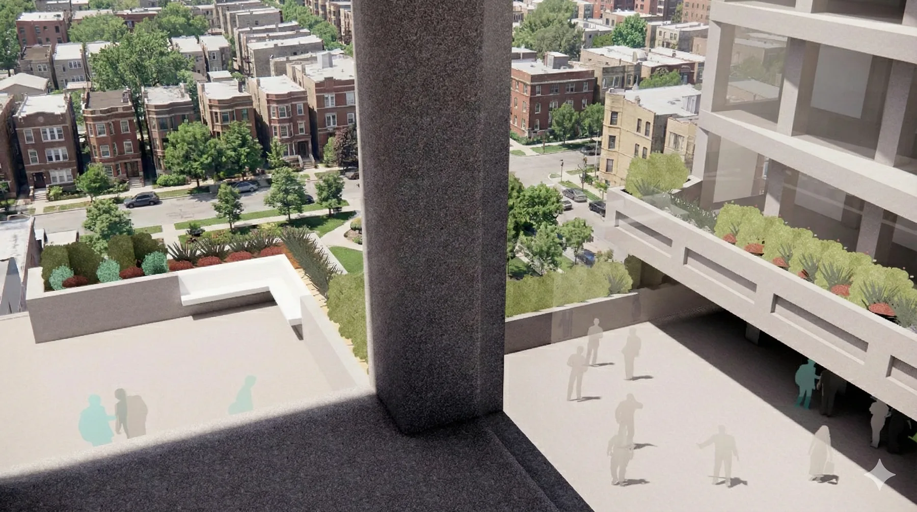 Photorealistic render looking down from a rooftop terrace toward a landscaped courtyard and the surrounding Chicago rowhouses.