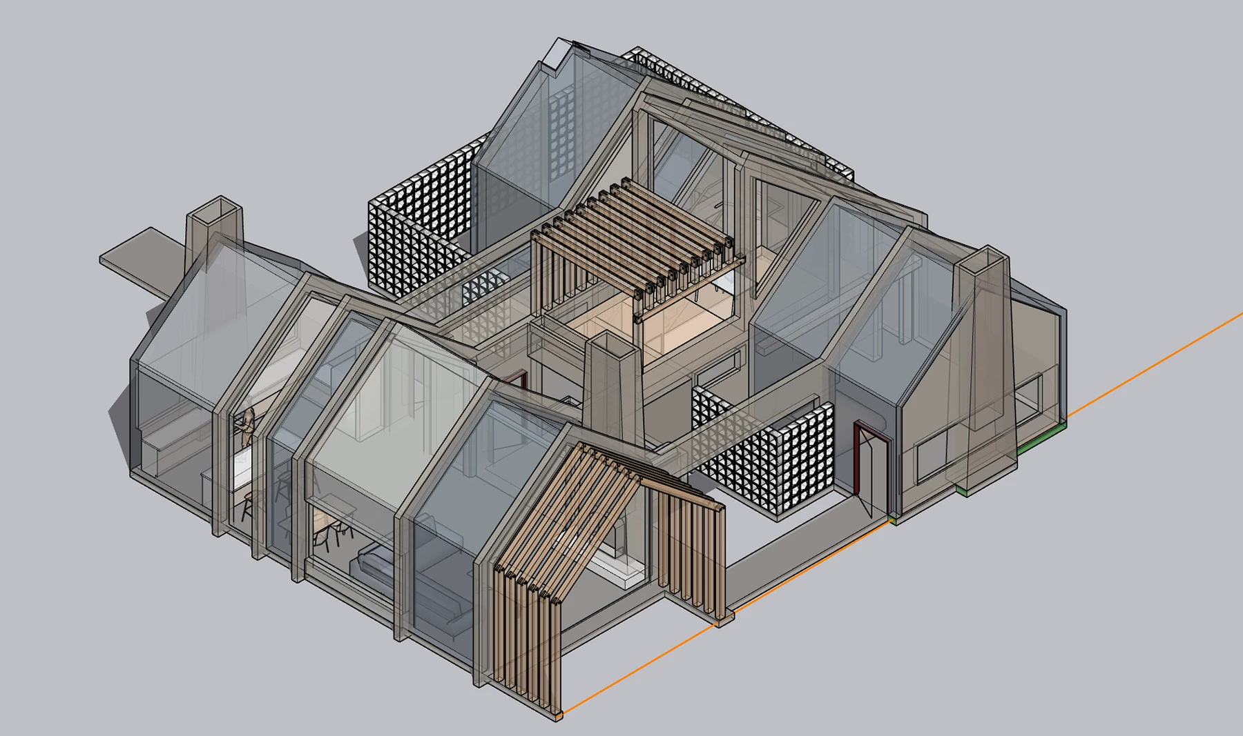 Wireframe 3D model of the house's gabled roof structure, showing framing, glazing, and slatted screens in a translucent axonometric view.