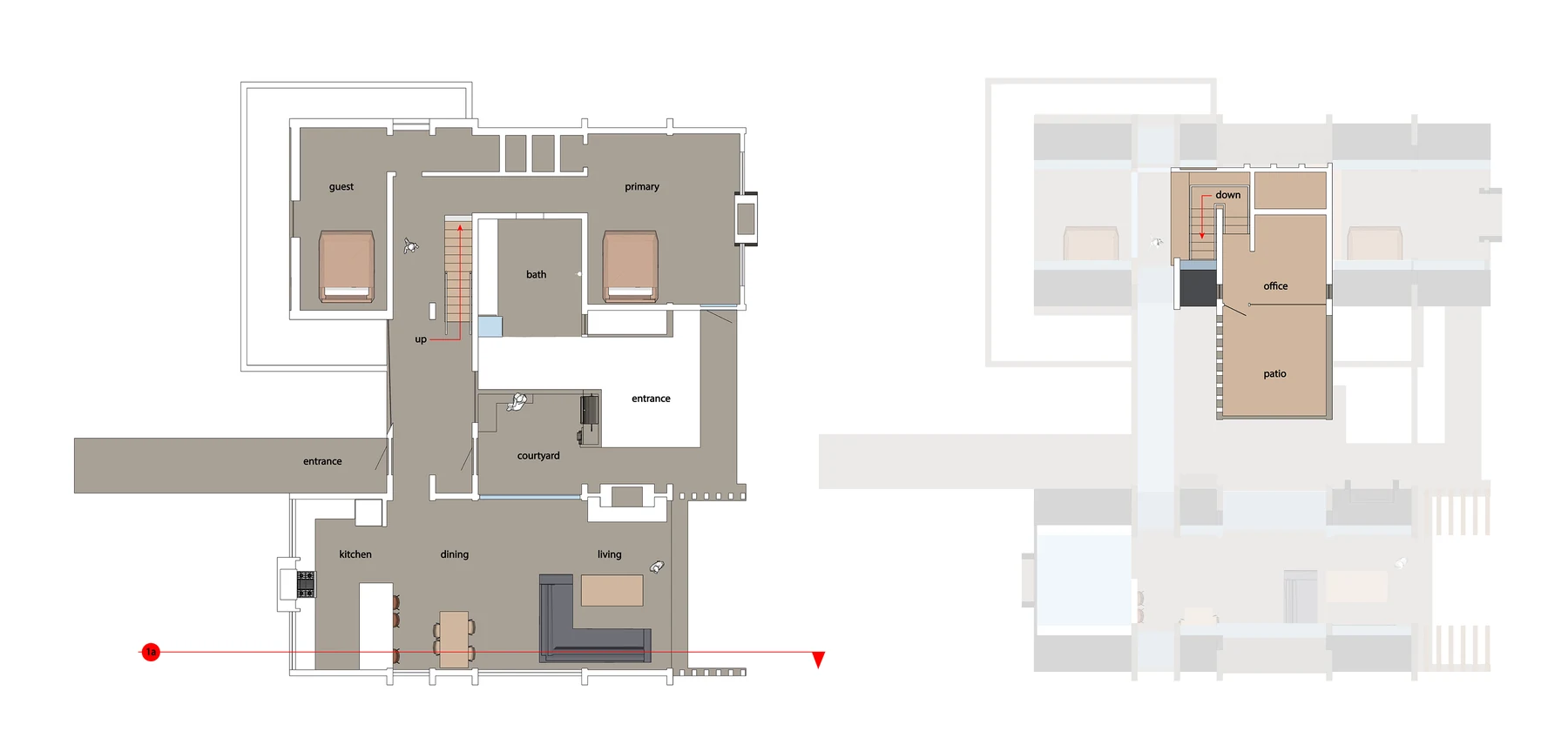 Architectural floor plan labeling guest and primary bedrooms, bath, entrance, courtyard, kitchen, dining, and living rooms, with a second smaller plan showing an office and patio.