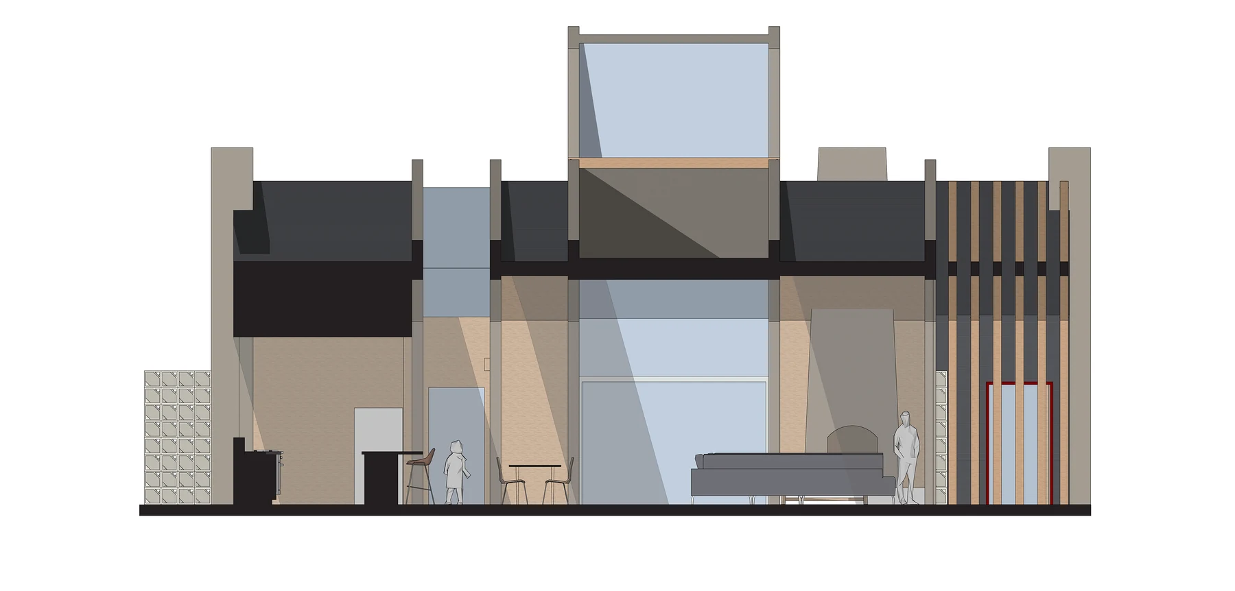 Building section drawing showing varied roof heights, a double-height glazed volume, concrete block walls, and furnished interior spaces in elevation.