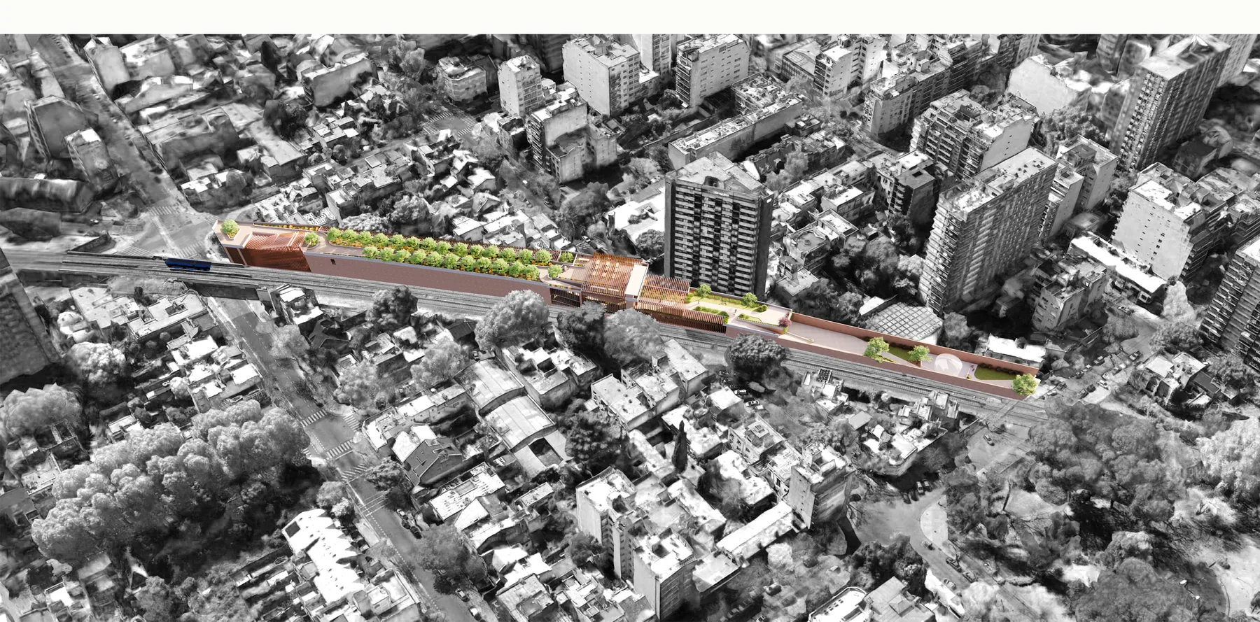 Aerial view of the project in situ, the building shown in color as a long thin bar following the rail line through a desaturated aerial photograph of the Belgrano R district.