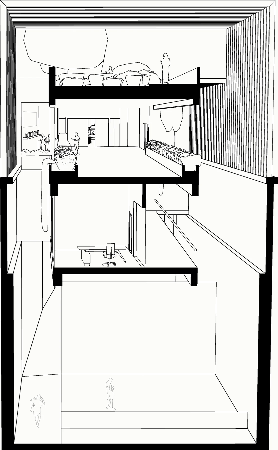 Transverse line-drawn section through the full building, showing the basement court, street-level parking, rail-level commercial floor, cultural floor, and rooftop.