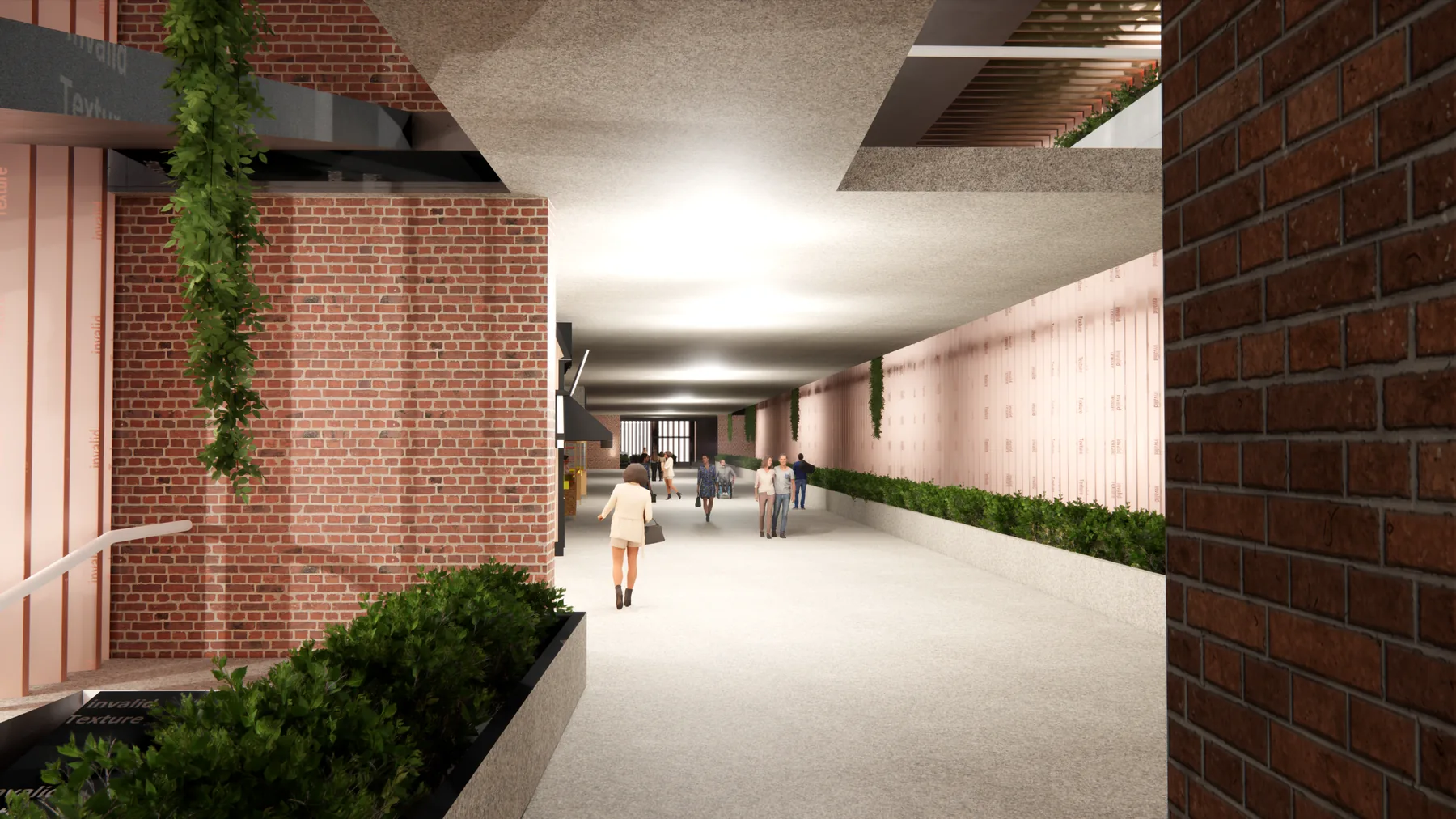 Interior render of the rail-level commercial arcade, brick-lined with planted edges and an overhead walkway crossing the space.