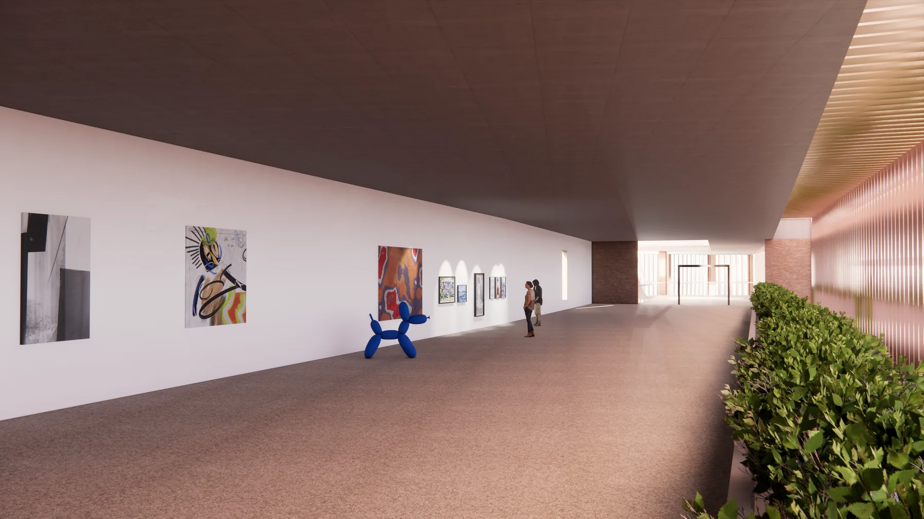 Interior render of the second-floor cultural space, a long white gallery wall hung with paintings, a hedge along the opposite edge, and a copper screen at the far end.
