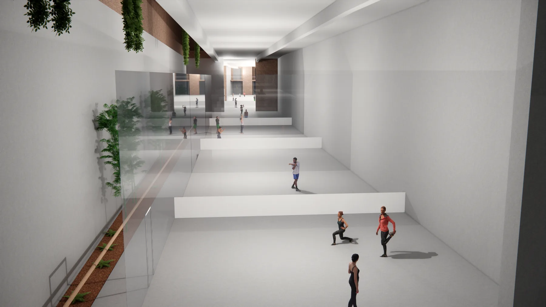 Render of the basement athletics level, a run of glazed paddleball courts stepping down the length of the building with planting along the lightwell edge.