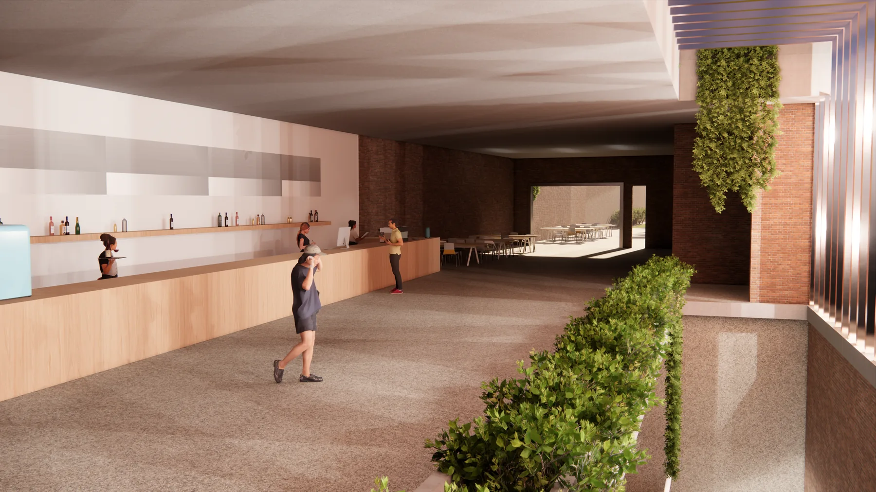 Render of the rooftop cafe: a long bar under a deep soffit, loose tables on a paved terrace, and planted beds at the parapet edge.