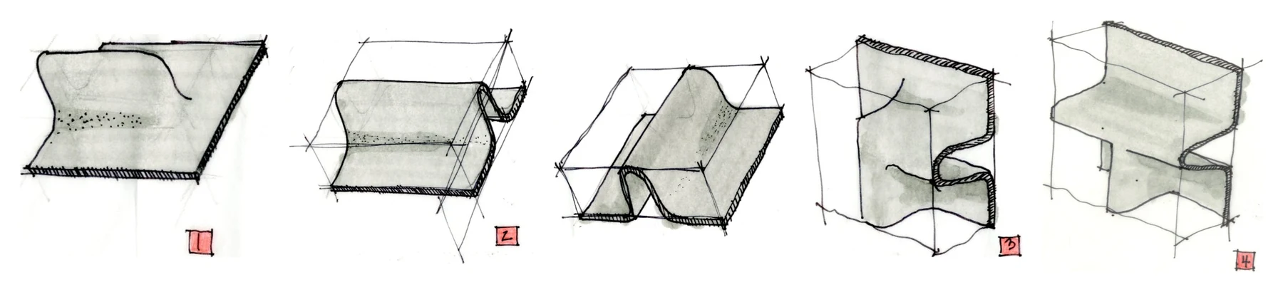Pen and grey-marker sketches in sequence: a sheet curved into an S, a folded lip, the lip as a ridge, an S-profile cut through a sheet, the module block.
