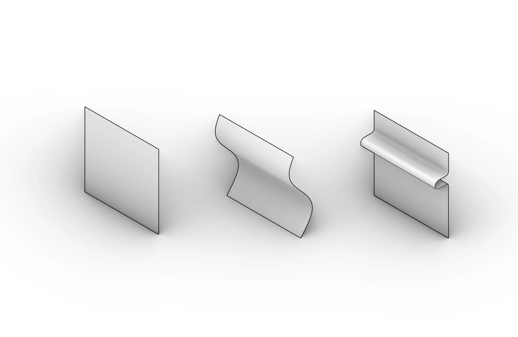 Axonometric sequence in which a flat vertical sheet is bent into an S-curve and then folded into a horizontal lip.