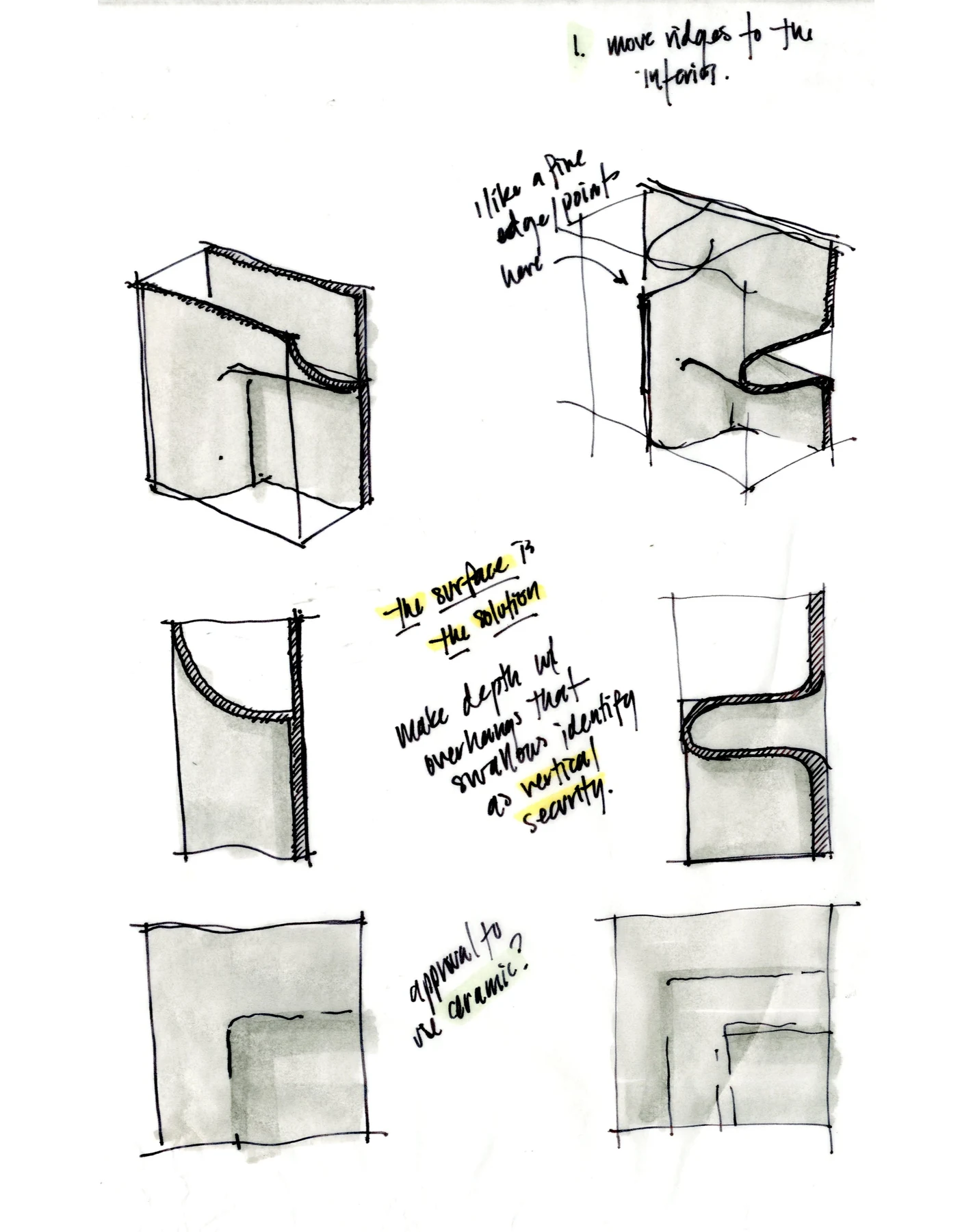 Pen and marker sketches of folded concrete components with overhangs, annotated by hand with the note "the surface is the solution."