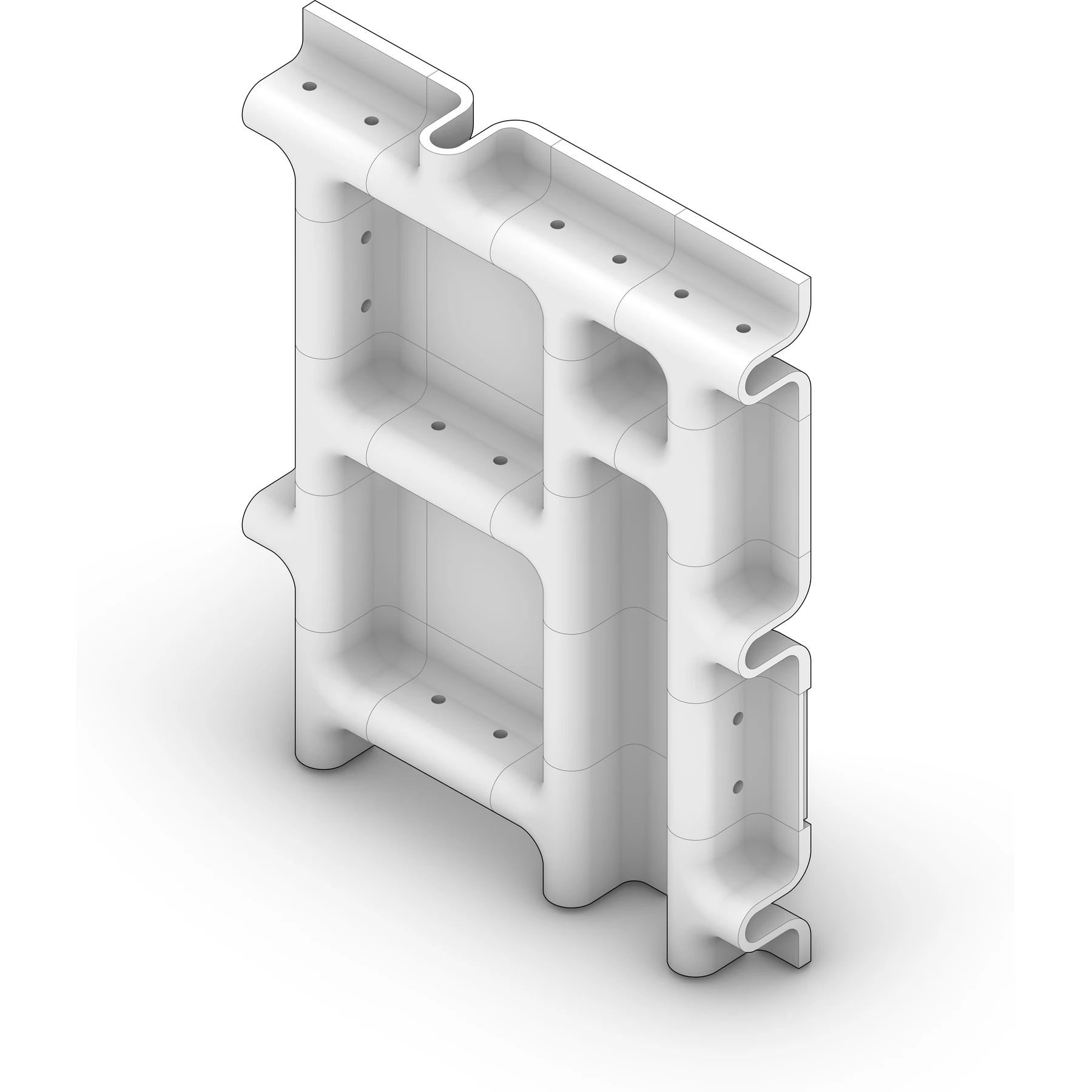 Rendered view of the assembled Lithoid habitat surface, interlocking concrete ripple components joined into a single continuous wall.