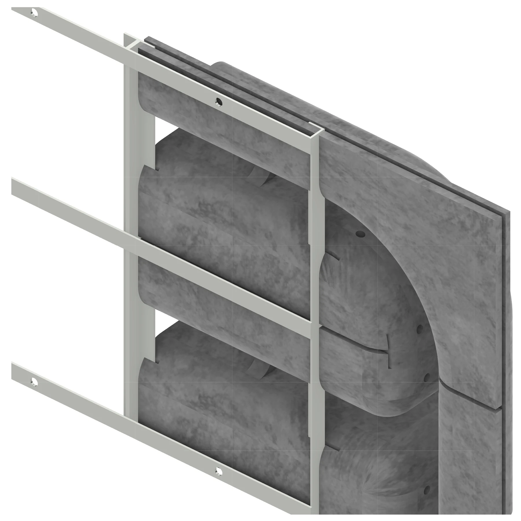 Close-up render of mottled grey concrete ripple components mounted on a pale metal rail frame with bolt holes, a plate set behind them.