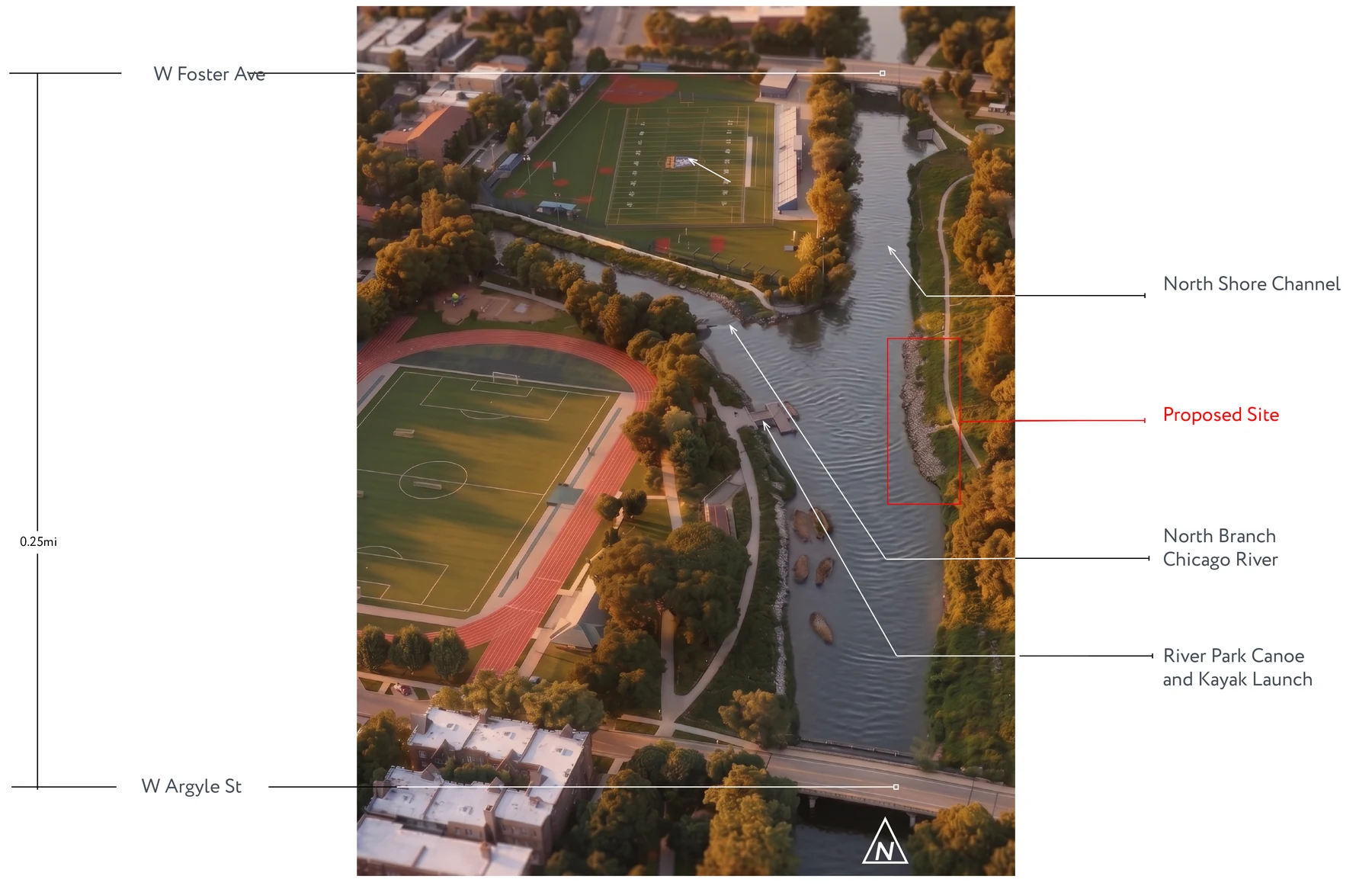 Oblique aerial of River Park where the North Shore Channel joins the North Branch Chicago River, with the proposed site boxed in red on the east bank.
