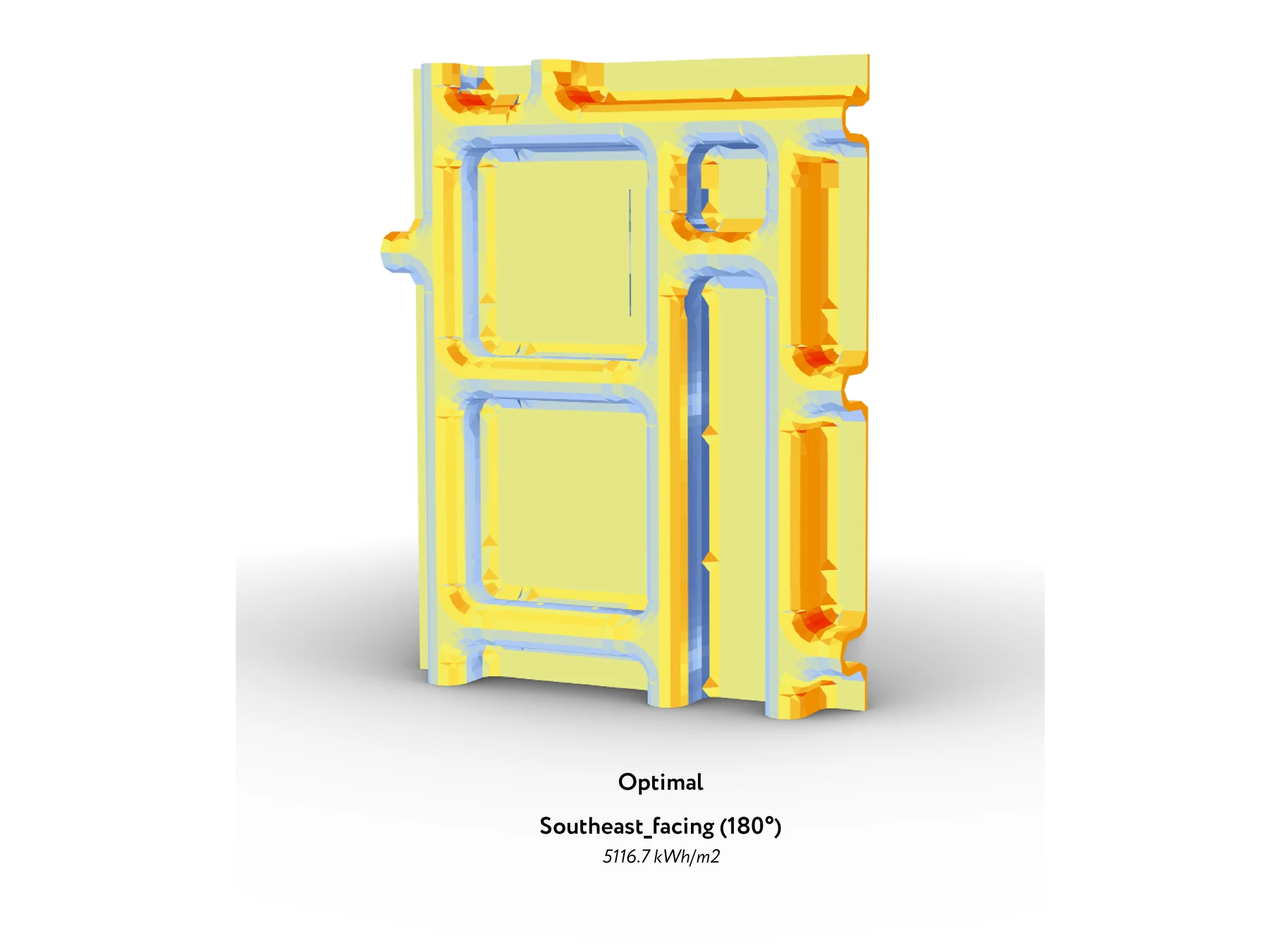 Lithoid panel model at its optimal orientation, colored by incident radiation, mostly yellow with orange edges and blue in the recesses.