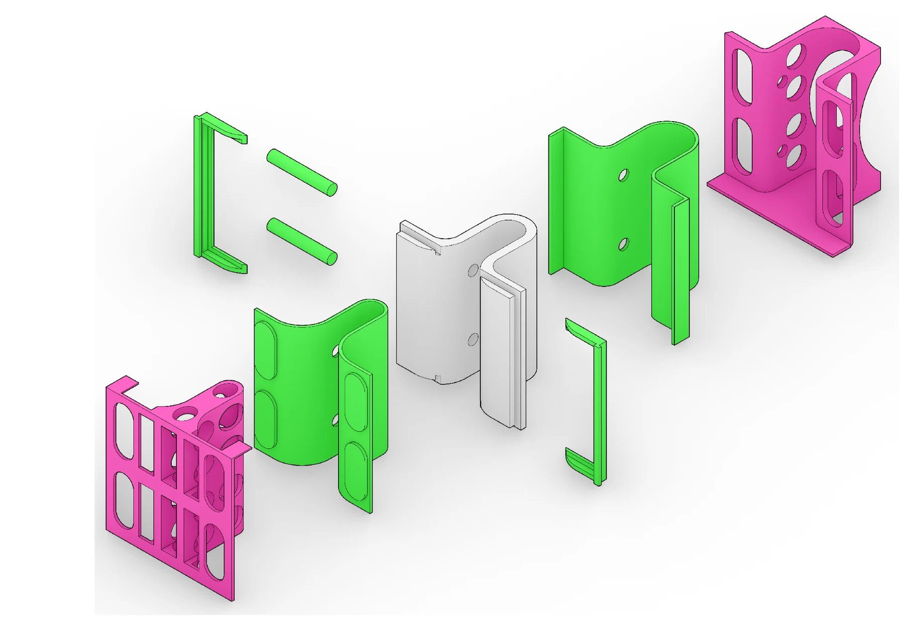 Exploded axonometric of the Module 1 mold, with a white concrete pipe at the center, green shells and pins and magenta perforated housings at each end.