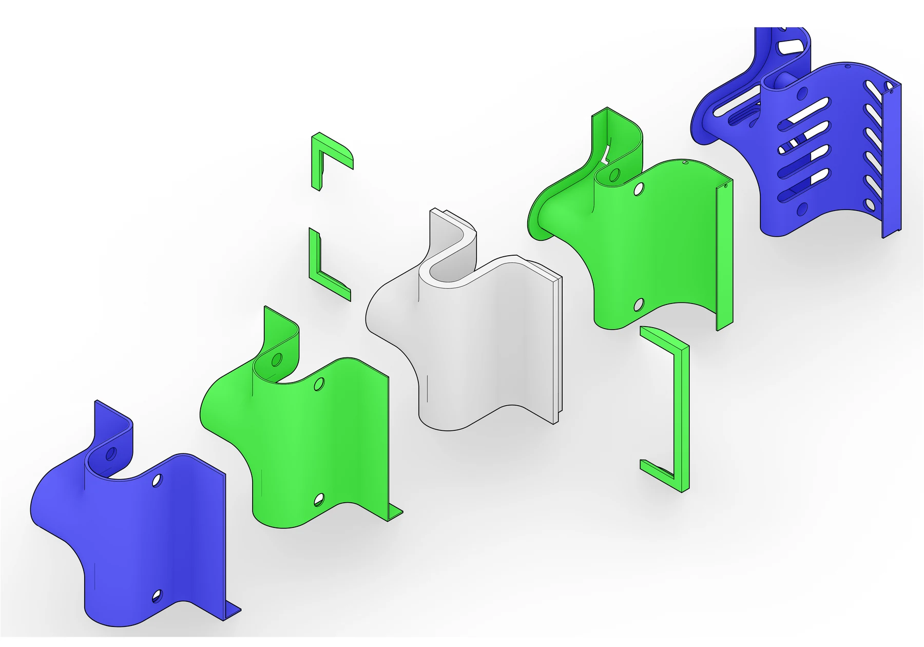 Exploded axonometric of the Module 2 mold, with a white concrete T-junction surrounded by green inner shells, green edge pieces and blue outer housings.