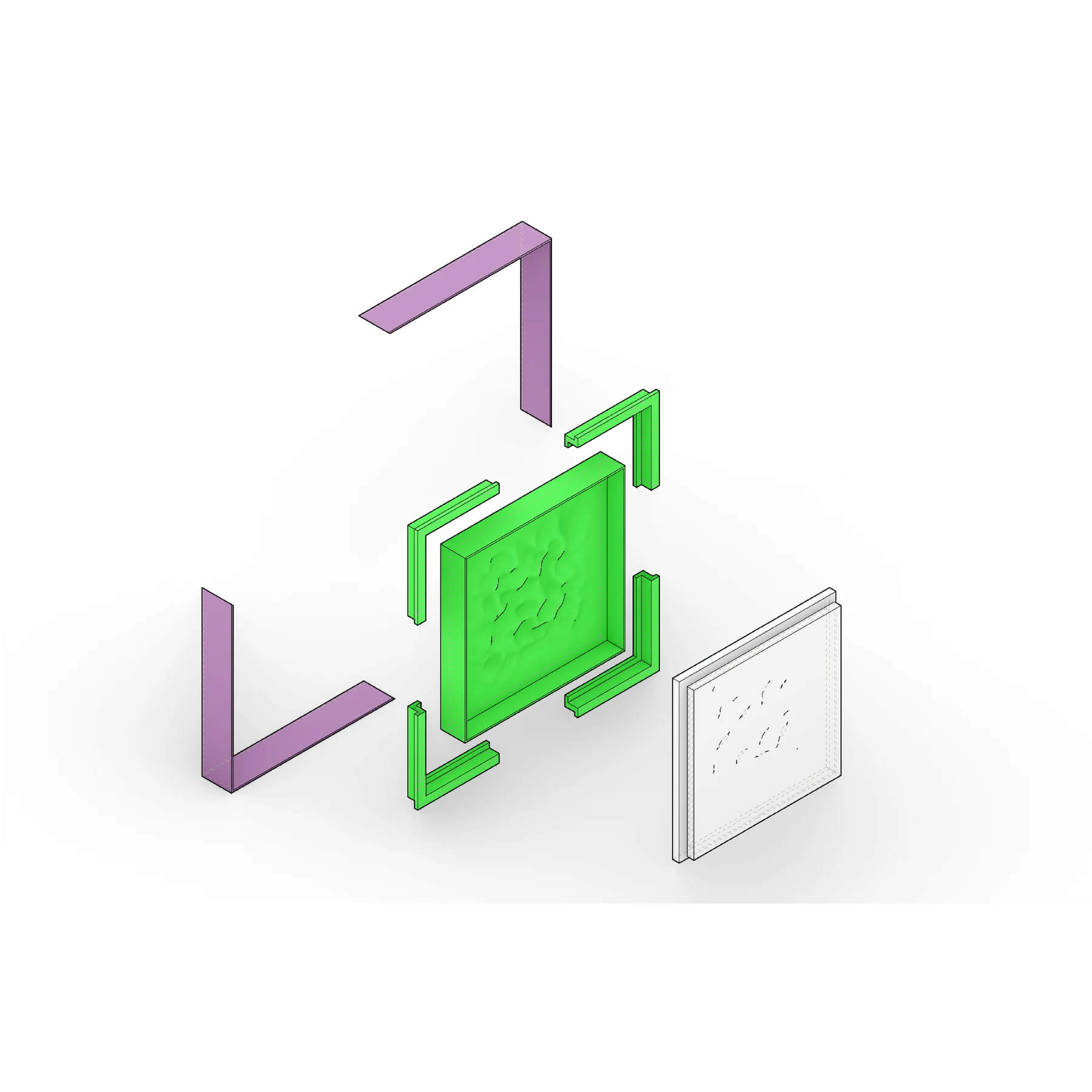 Exploded axonometric of the Module 3 mold, with a green tray carrying a rippled noise-pattern floor, corner rails, mauve frame pieces and the finished white plate.