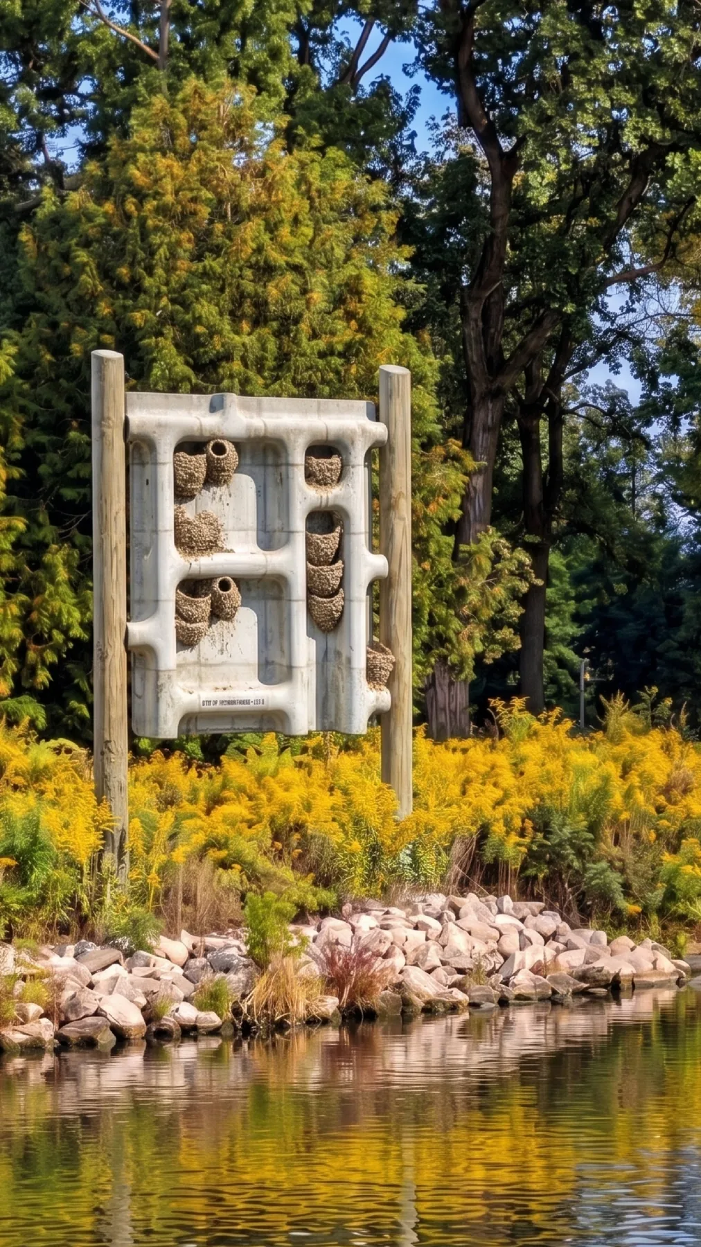 Lithoid panel of white concrete ripple frames between two timber posts on a rocky riverbank among yellow goldenrod, with mud nests in its cells.